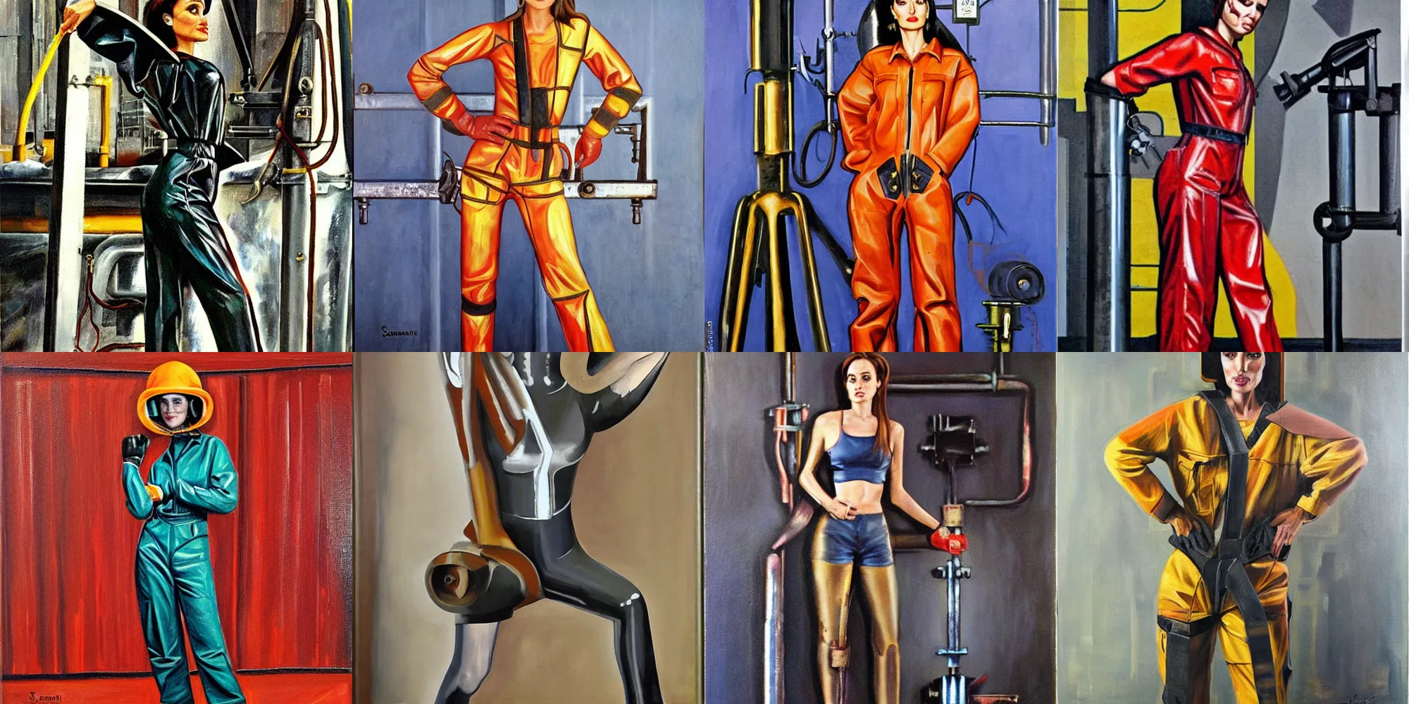 Prompt: symmetrical oil painting of full - body angelina jolie posing in steelworker welder costume by samokhvalov from 1 9 6 0 s