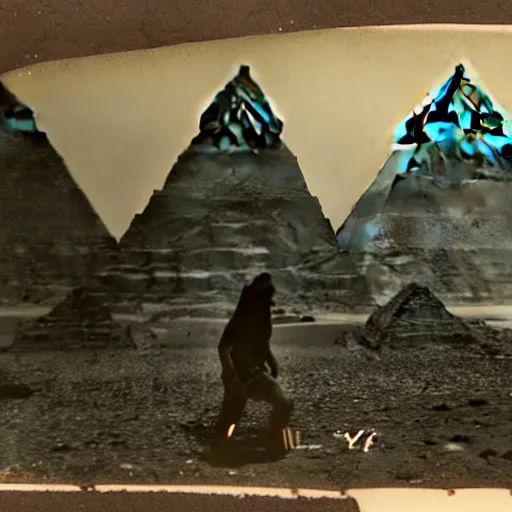 Image similar to tintype photo, underwater, Bigfoot walking in front of the pyramids