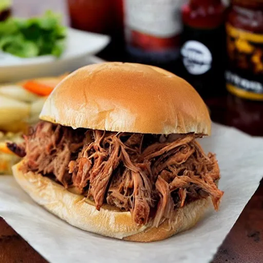 Image similar to pulled pork sandwich that looks like a monster, with eyes and shark teeth, drooling barbecue sauce