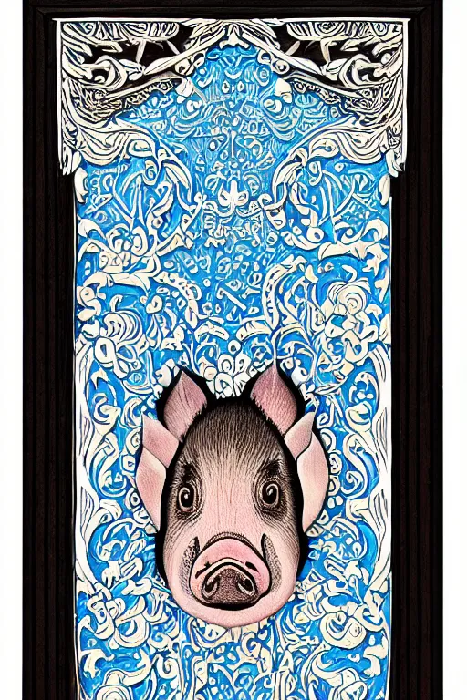 Image similar to Painted dark-wood panel relief carving of a close up of a Flowerpunk Piglet, White and pale blue toned, ornate border frame, explosion of colorful flowers, dark wood, intricately carved, black ink, festival of rich colors, intricate details, cinematic lighting, volumetric lighting, post-processing, art nouveau, tarot, fractal art, mandala, by andreas rocha and john howe, and Martin Johnson Heade, featured on artstation, featured on behance, golden ratio, hyper detailed, photorealistic, epic composition, center spotlight, f32, well composed, symmetrical, UE5, 8k