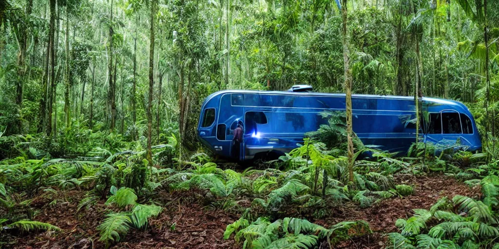 Image similar to avatar spaceship landing in the jungle, industrial maintenance shuttle vehicle, forest, jungle