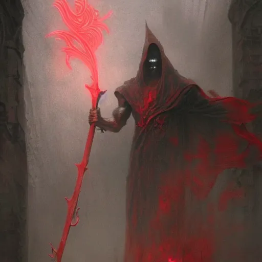 Prompt: The faceless god of chaos in a hood with a scarlet scythe dark fantasy, intricate, smooth, artstation, painted by Wayne Barlowe, Greg Rutkowski, zdislav beksinski