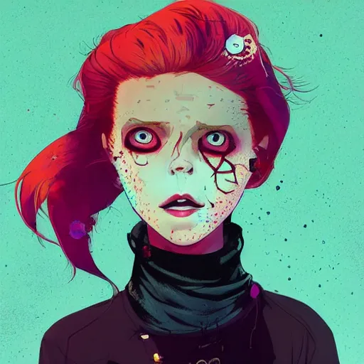 Prompt: Highly detailed portrait of pretty punk zombie young lady with cool hair, freckles and bloodshot eyes by Atey Ghailan, by Loish, by Bryan Lee O'Malley, by Cliff Chiang, inspired by image comics, inspired by graphic novel cover art, inspired by papergirls !! Gradient color scheme ((grafitti tag brick wall background)), trending on artstation