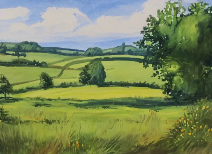 Image similar to landscape of british countryside, summer time, in gouache plein air art style