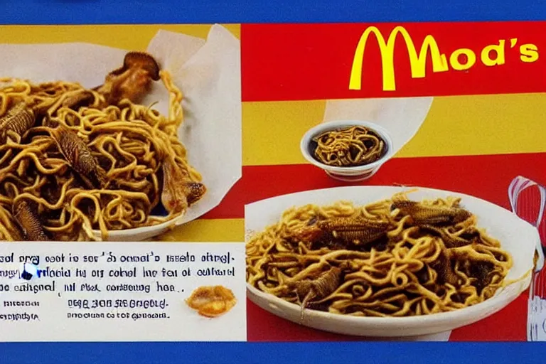 Prompt: mcdonald's fried slugs and crickets served with noodles meal, in 1 9 9 5, y 2 k cybercore, advertisement photo