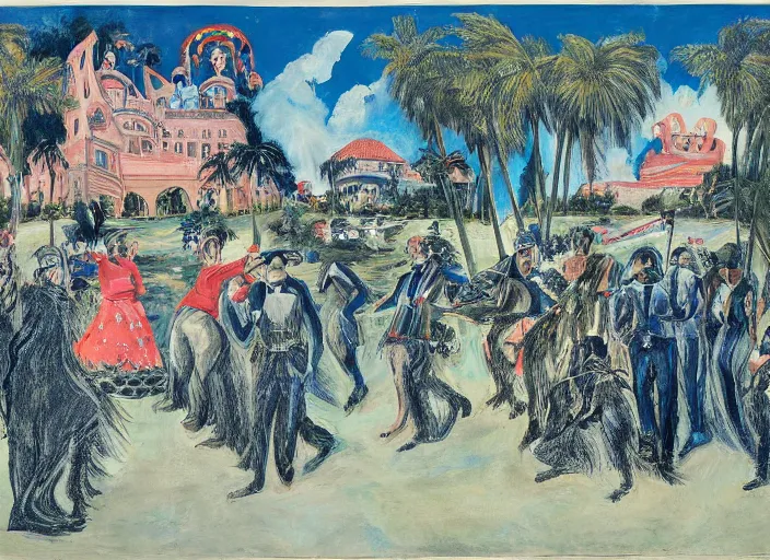 Prompt: Mar-a-Lago estate under siege by otto dix