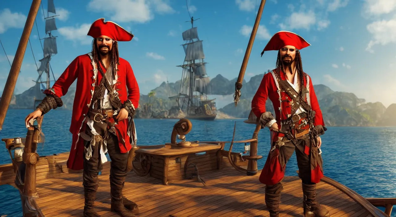 Image similar to a pirate on a boat ready to conquer the island, highly detailed, photorealistic portrait, bright studio setting, studio lighting, crisp quality and light reflections, unreal engine 5 quality render