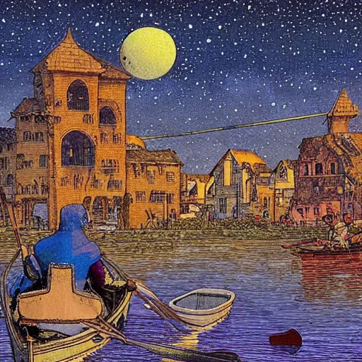 Prompt: a small medieval town floating among stars. A man in a rowboat is paddling toward the town. High detail cinematic digital painting. Mœbius.