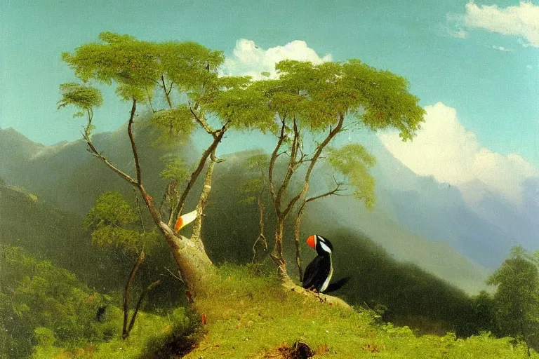 Image similar to Albert Bierstadt painting of a toucan in the mountains, 1900s oil painting