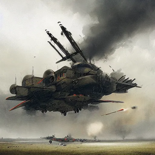 Image similar to huge steampunk aircraft in battle, sky, explosions, dense fog, jakub rozalski