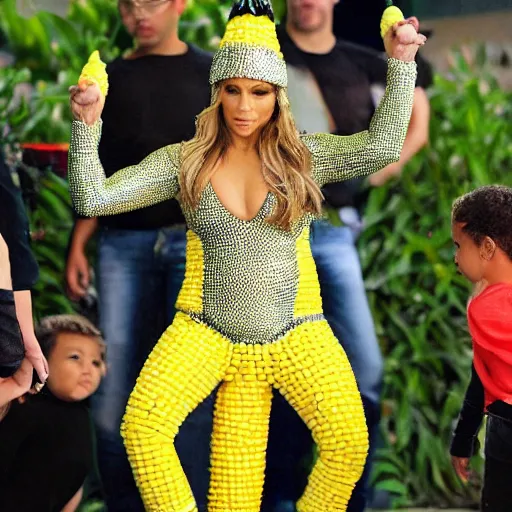 Prompt: full body photo of jennifer lopez, she is wearing a funny kid's hallowen costume of corn on a cob