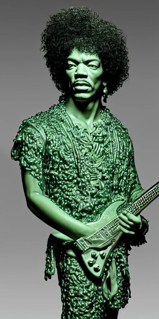 Prompt: detailed photo of a jade translucent statue of most a jimi hendrix, full body portrait, glowing in the dark, photorealism, intricate detail, museum diffuse lighting