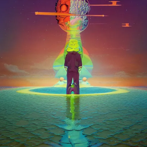 Image similar to colourful breathtakingly weird beautiful powerful magical wonderfully majestic beautifully cool character by michael whelan and moebius and beeple and dan mcpharlin and pascal blanche and jamie hewlett and richard dadd, symmetrical, magical stormy reflections, smoke on water, 8 k artstation