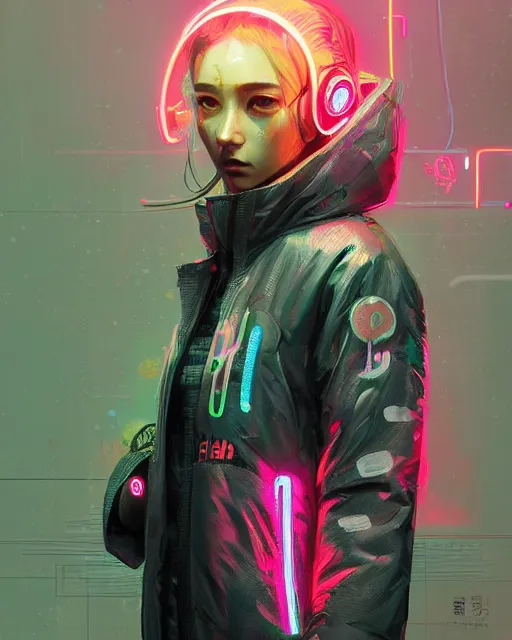 Image similar to detailed portrait Neon Operator Girl, cyberpunk futuristic neon, reflective puffy coat, decorated with traditional Japanese ornaments by Ismail inceoglu dragan bibin hans thoma greg rutkowski Alexandros Pyromallis Nekro Rene Maritte Illustrated, Perfect face, fine details, realistic shaded, fine-face, pretty face