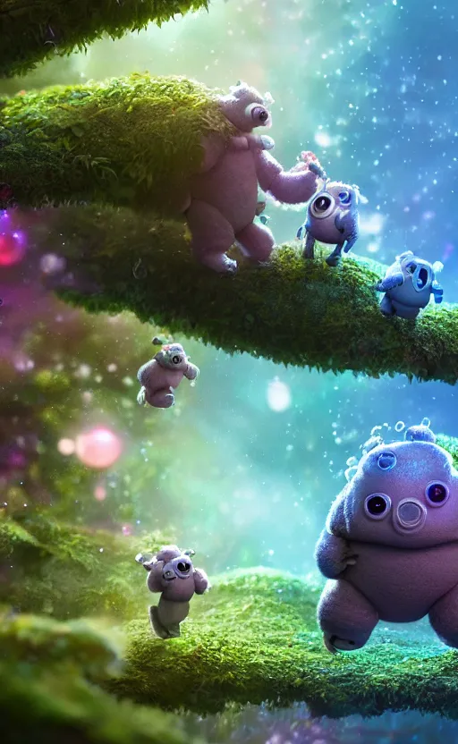 Prompt: microscopic tardigrades, magical forest, water bear, robots, electric, furry, soft, concept art, intricate details, highly detailed, photorealistic, disney pixar, octane render, iridescent, anime, 8 k