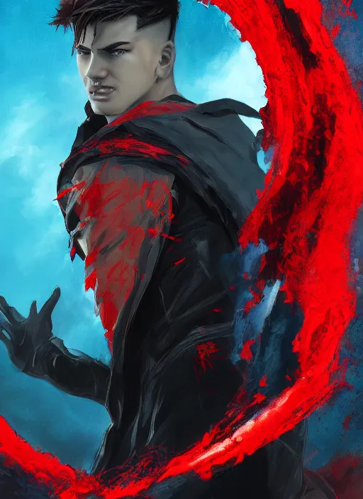 Image similar to An epic fantasy comic book style portrait painting of a young man with black and red cowlick undercut haircut, wearing a red shirt, black overcoat, blue jeans. Unreal 5, DAZ, hyperrealistic, octane render, cosplay, RPG portrait, dynamic lighting