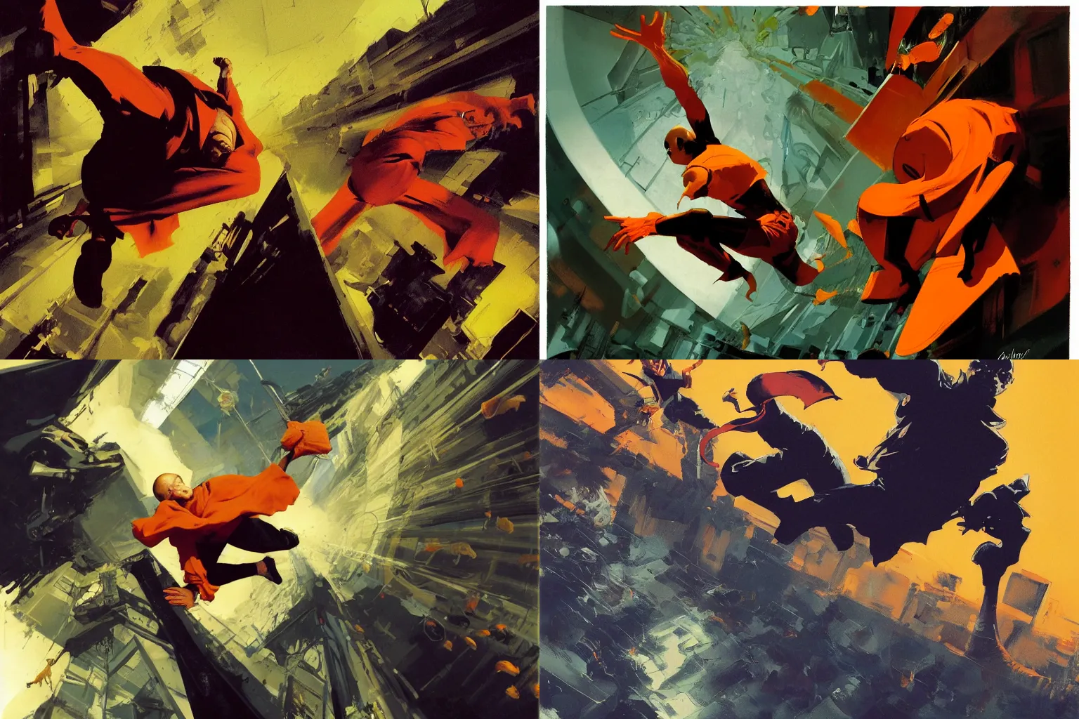 Prompt: incredible full page illustration, dynamic camera angle, deep 3 point perspective, fish eye, dynamic extreme foreshortening of an orange monk leaping across a scyscraper, by phil hale, ashley wood, geoff darrow, james jean, 8k, hd, high resolution print