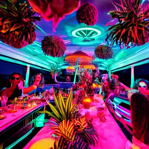 Image similar to vice media photo, inside a crowded luxury stylish high-end gorgeous intricate highly-themed synthwave tiki party onboard a yacht with low ceilings, tropical plants, neon lights, blue color scheme with pink and orange accents, crowd of people dancing, ultra-detailed, 8k, photorealistic