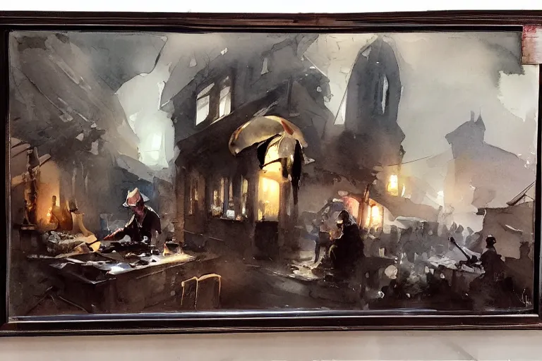 Image similar to centered on watercolor paper, paint brush strokes, smudged abstract watercolor painting of blacksmith, glow, cinematic light, national romanticism by hans dahl, by jesper ejsing, by anders zorn, by greg rutkowski, by greg manchess, by tyler edlin