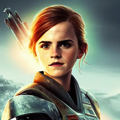 Image similar to Emma Watson as master chief, digital art, artstation, concept art, sharp focus, 4k, high detail