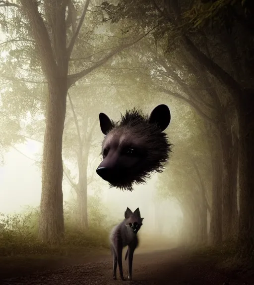 Image similar to foggy dirt road portrait of furry anthro anthropomorphic spotted hyena head animal person fursona wearing clothes horror gloomy digital art bokeh depth of field photo by Greg Rutkowski, Simon Stalenhag, christopher nolan trending on Artstation, CGSociety