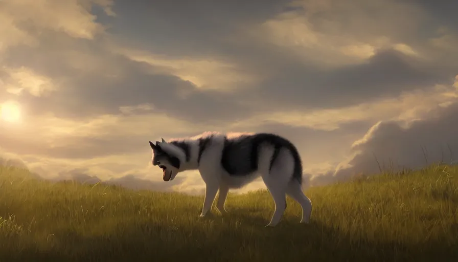 Image similar to back view of husky watching the sun sitting of the hill, clouds in the sky, hyperdetailed, artstation, cgsociety, 8 k