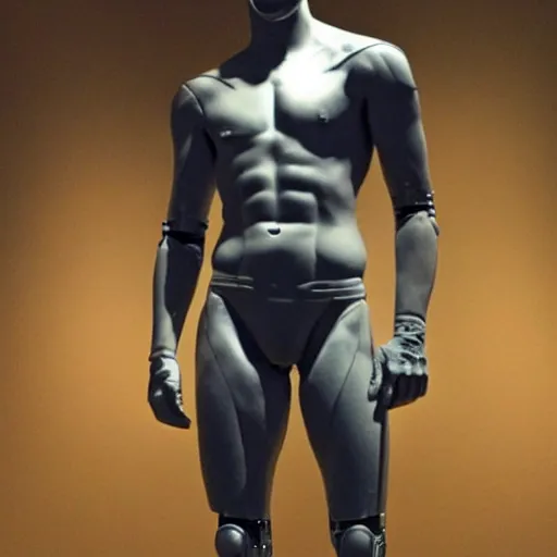 Image similar to “a realistic detailed photo of a guy who is an attractive humanoid who is half robot and half humanoid, who is a male android, Cristiano Ronaldo, shiny skin, posing like a statue, blank stare, at the museum, on display”