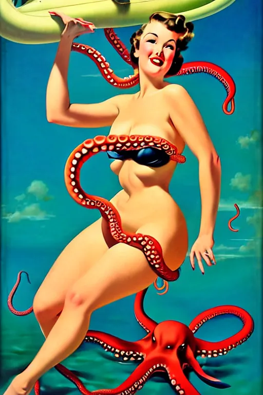 Image similar to 1940s pinup bikini girl with tentacles wrapped around her by a giant octopus, oil painting, by Gil Elvgren