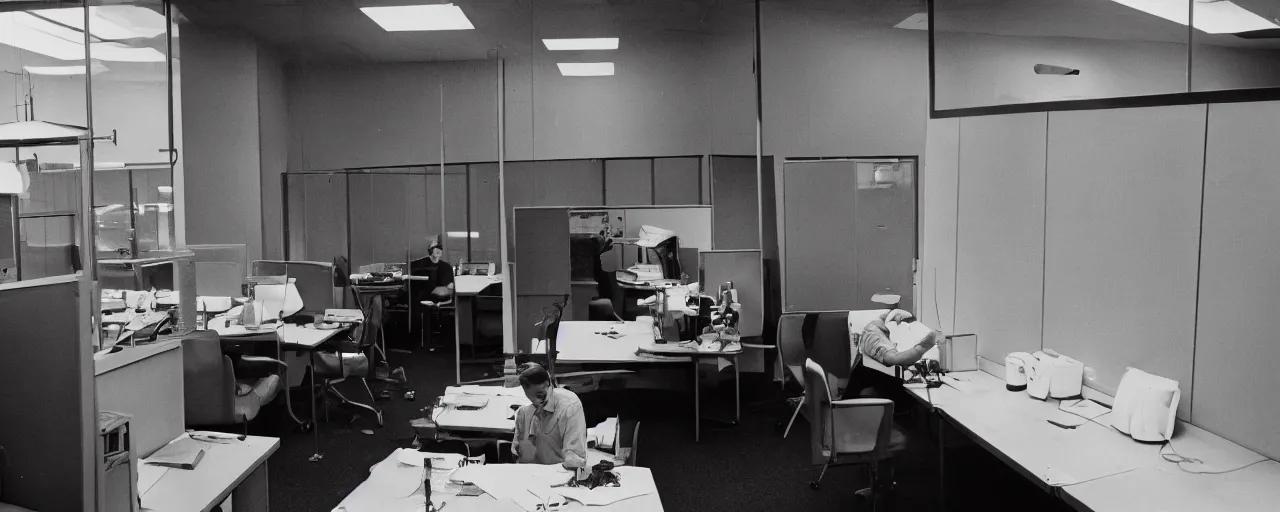 Image similar to security camera footage of a worker eating spaghetti alone at their cubicle, evening, kodachrome, in the style of wes anderson, retro