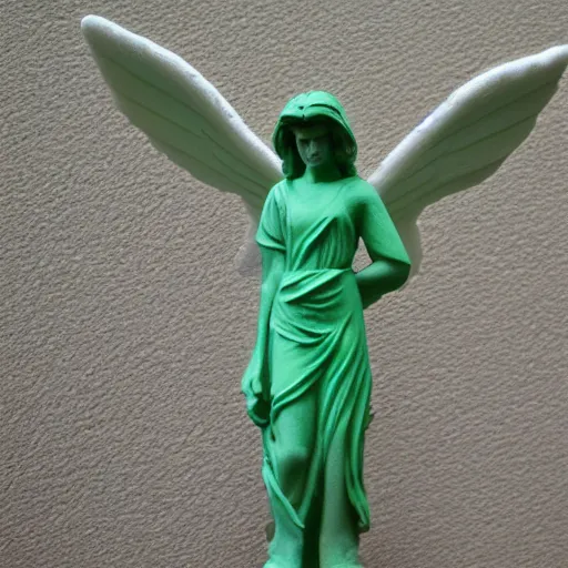 Image similar to A photo of a Biblically accurate angel that's been 3D printed in green filament. 50mm lens, f1.8.