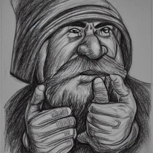 Image similar to dwarves miner digging through his nose looking for gold pencil drawing