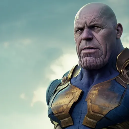 Image similar to Jonathan Banks as Thanos, HD promotional screenshot from new Avengers film, 8k ultra realistic, Marvel animation