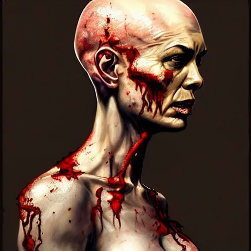 Prompt: color head portrait of bald lena headey as a zombie, 7 days to die zombie, gritty background, fine art, award winning, intricate, elegant, sharp focus, cinematic lighting, digital painting, 8 k concept art, art by michael hussar, art by brom, art by guweiz and z. w. gu, 8 k