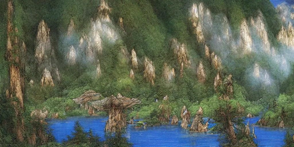 Image similar to art by john howe of the cinematic view of the jiuzhaigou valley forest