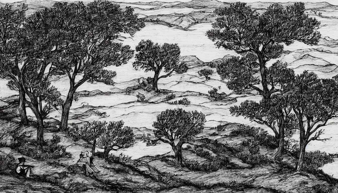 Image similar to a person sits on a hill overlooking a river, wind blown trees, pen and ink, 1 5 0 0 s, 8 k resolution