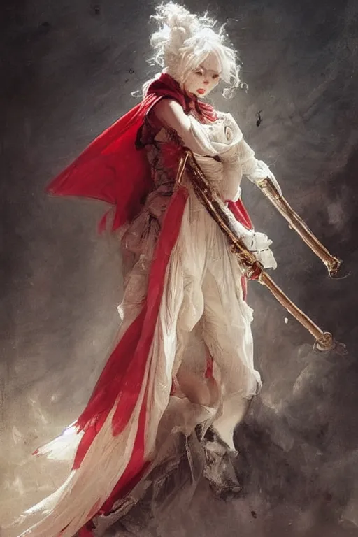 Image similar to a vampire with long light white hair and a red scarf, windy, ribbons, melancholic, modern maximalist harlequin fashion dress, is ( ( holding a golden sword ) ). light dust, magnificent, hyperdetailed, theatrical, painted by jean honore fragonard and greg rutkowski