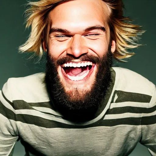 Prompt: PewDiePie laughing without any teeth, wild hair