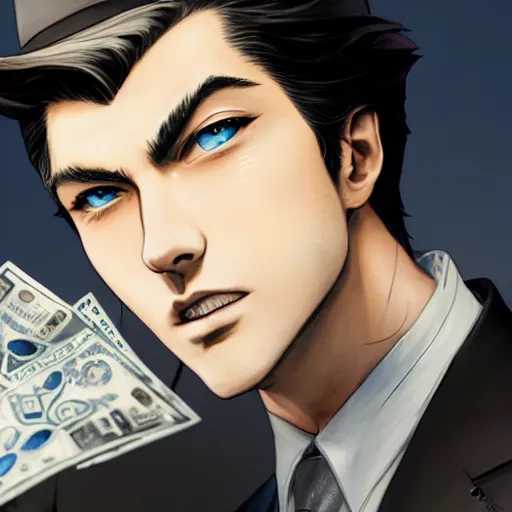 Prompt: the portrait of a handsome, elegant man blue eyes throwing tons of cash, hyperrealistic anime illustration by kim jung gi, iralki nadar, extremely detailed intricate linework, reflective eyes, smooth, super sharp focus, bright colors, high contrast, matte, octopath traveler, unreal engine 5 highly rendered, global illumination, radiant light