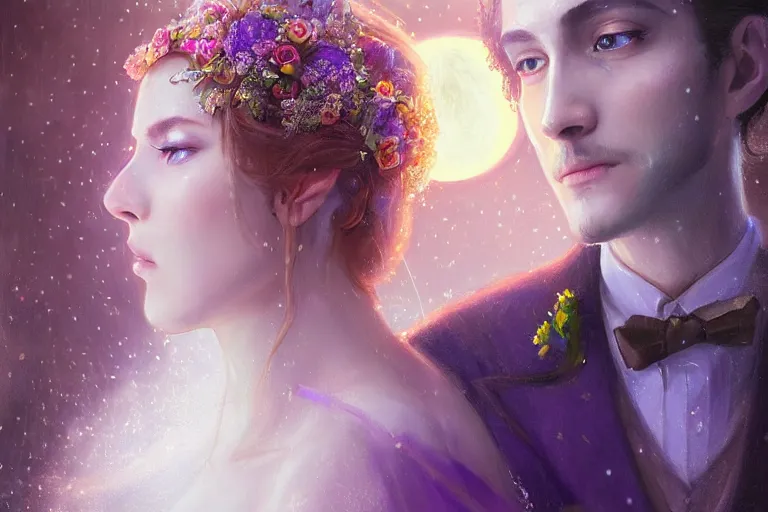 Image similar to a dreamlike cinematic portrait of wedding photograph close up moment of a divine a russia sun god and moon goddess lovers magician at a wedding banquet. portraiture. digital painting. artstation. concept art. fantasy wedding photo. digital painting, 8 k realistic, hyper detailed, violet evergarden art masterpiece by art by krenz cushart