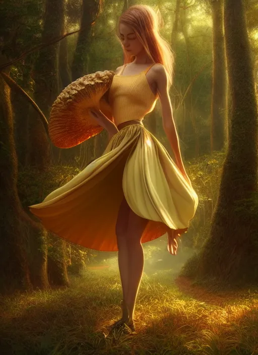 Image similar to young woman walking in skirt : : magic forest mushrooms nature : : weta disney pixar movie still photo : : decadent highly - detailed digital painting, full length shot, golden ratio, octane render, artstation, smooth, sharp focus, artgerm, mucha, loish, wlop, gogo