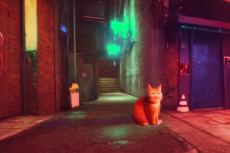 Image similar to ginger cat in the alley, neon lighting, rendered in unreal engine, trending on artstation, cyberpunk, night