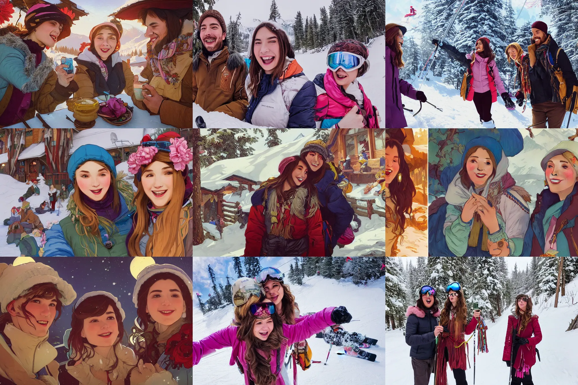 Prompt: a cinematic joyous closeup moment of two school friends enjoying life in a ski cafe and visiting wearing boho clothing peonies, boy girl traditional romance,full body illustration, incredible art by artgerm and greg rutkowski and alphonse mucha and simon stalenhag