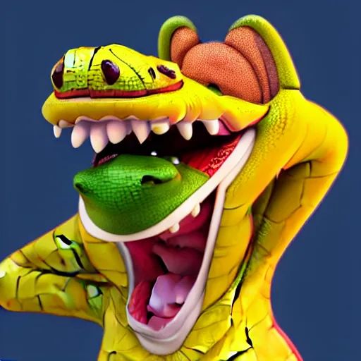 Prompt: in the style of artgerm and disney, 3 d render, anthropomorphic alligator, symmetrical face, symmetrical eyes, red scales on his back, yellow scale on his belly and chest, male, waring a hawaiian shirt, in the style of zootopia, hd, 4 k, high definition background