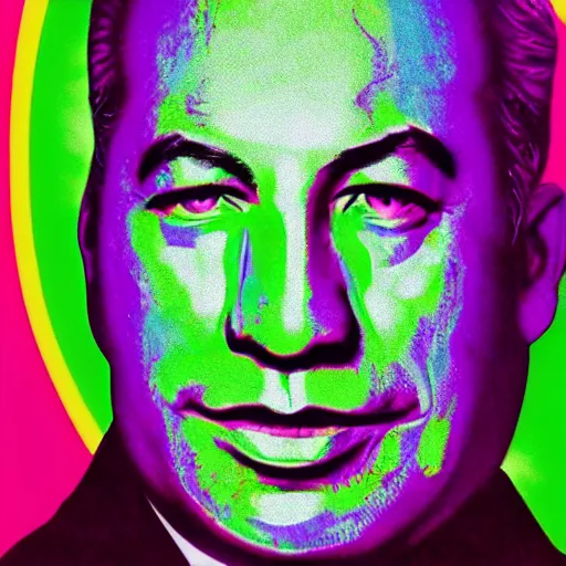 Image similar to a psychadelic portrait of binyamin netanyahu by alex grey, high deatil, cinestill poster