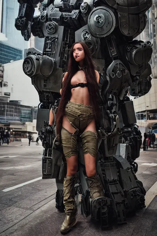 Prompt: portrait cinematography of beautiful young female, clothed in sci-fi military armor, long hair blowing in the wind. Giant mechs in the streets of Hong Kong. by Anita Sadowska