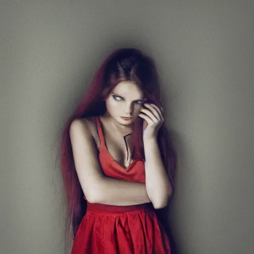 Image similar to a photo of a young woman. moody and melanchonic. red, yellow