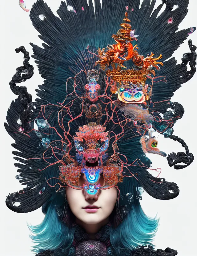 Image similar to 3 d goddess close - up profile portrait with crown, ram skull. beautiful intricately detailed neon japanese crow kitsune mask and clasical japanese kimono. betta fish, jellyfish phoenix, bio luminescent, plasma, ice, water, wind, creature, artwork by tooth wu and wlop and beeple and greg rutkowski