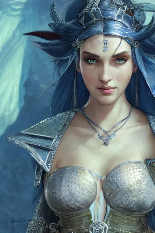 Image similar to alluring highly detailed matte close-up portrait of beautiful elf Shani (from Witcher 3) wearing chesty chainmail bikini and a blue cloak, very detailed, realistic, manga, pen and ink, by Stanley Artgerm Lau, greg rutkowski, thomas kindkade, alphonse mucha, loish, norman rockwell J.
