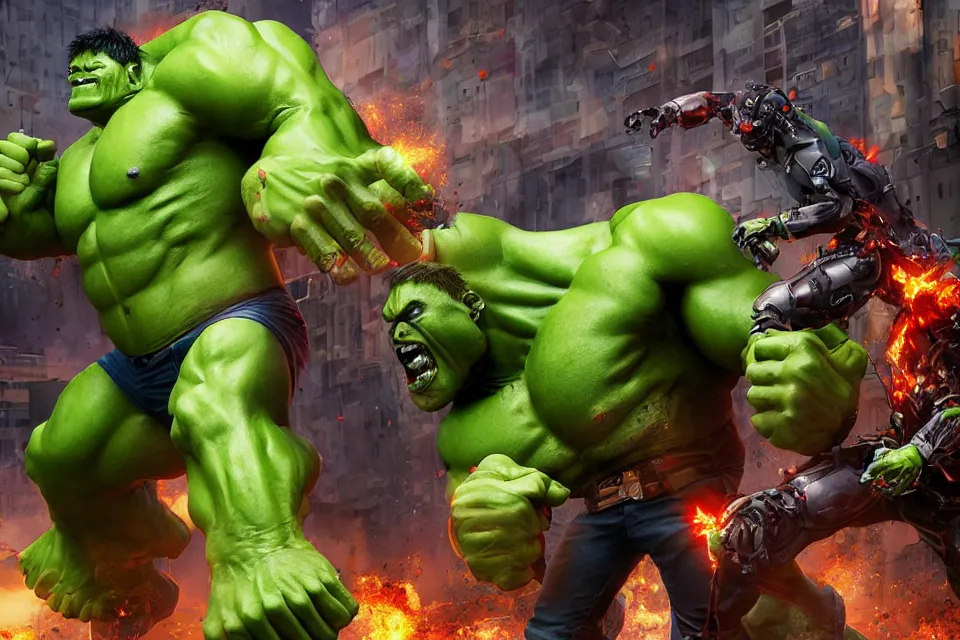 Prompt: The Biomechanical Hulk Buster Battles The Zombie Hulk, Art Germ Style, photorealistic, volumetric lighting, hyperrealistic, octane render, HDR, photorealistic, bokeh