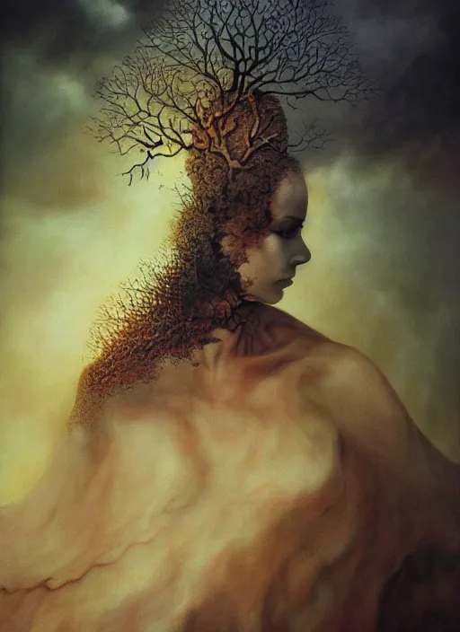 Image similar to dramatic matte portrait painting of woman with black mandelbrot fractal instead of face, in style of zdzisław beksinski, horror, body horror, dark art, 4 k, detailed, realistic, psychotic, insane, crazy, mental illness, dramatic,